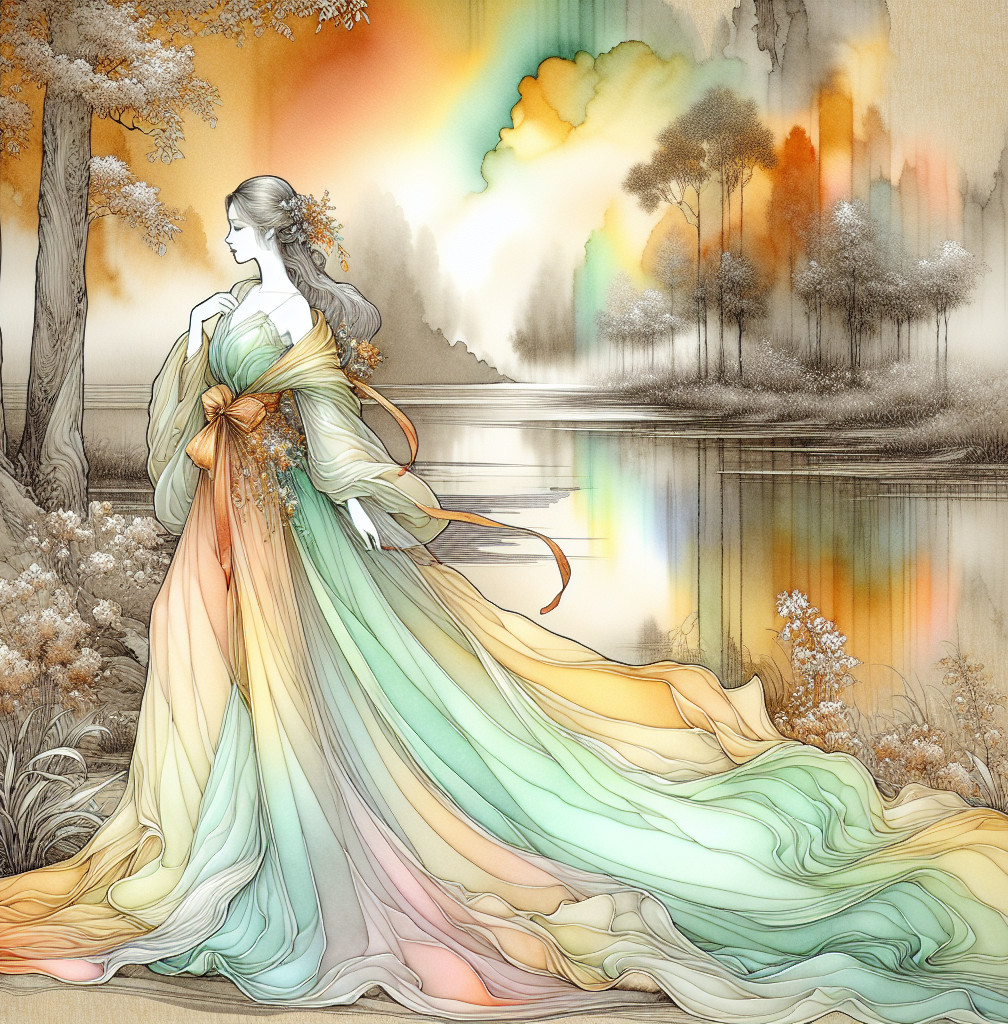 Ethereal Woman in Pastel Gown by Tranquil Lake