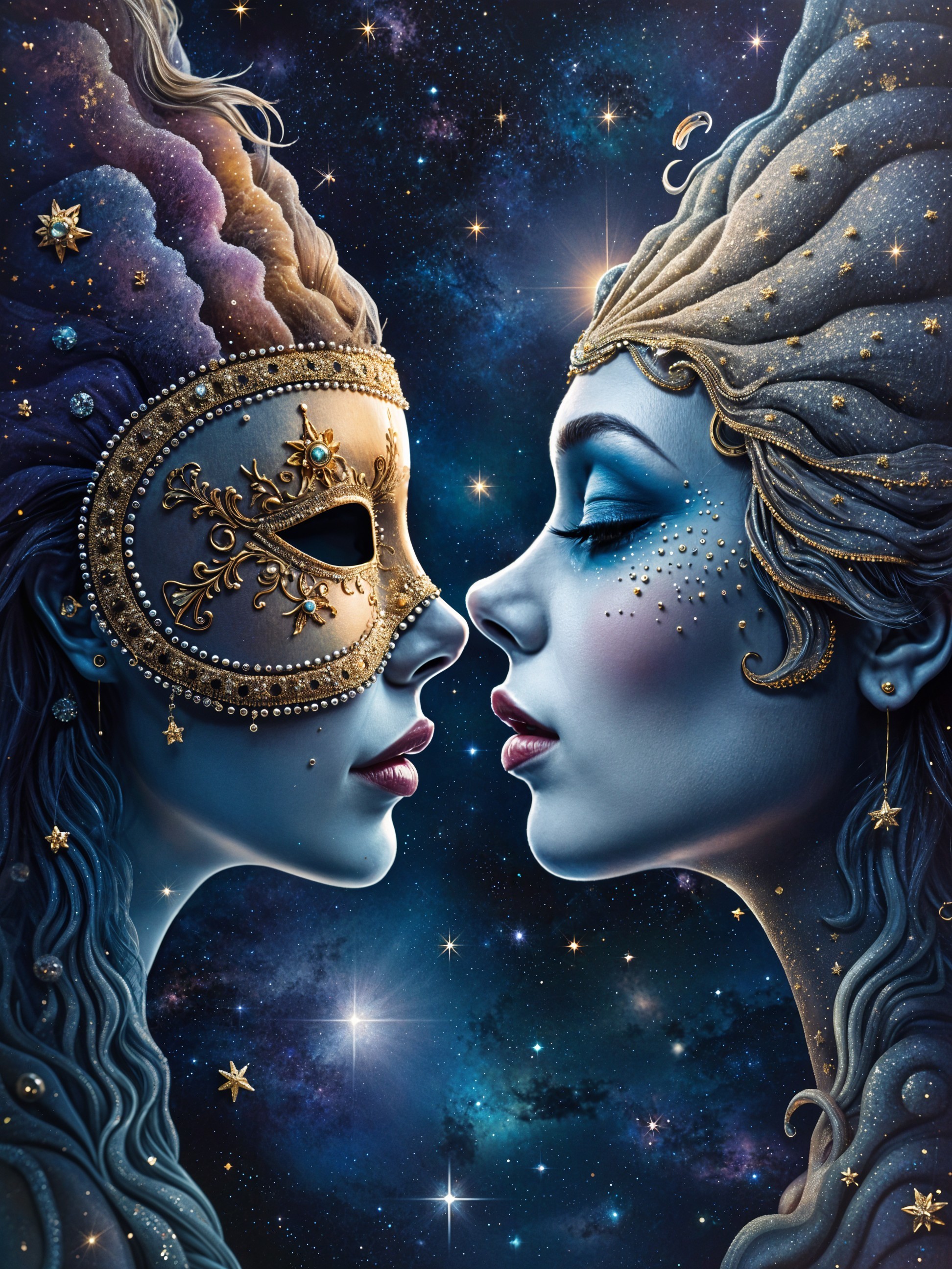 Ethereal Faces Against a Cosmic Starry Background