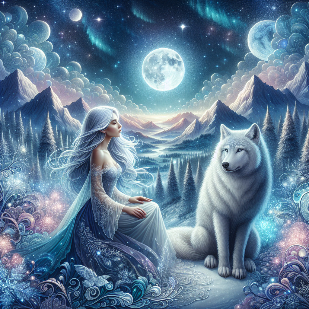 Serene Night Scene with Woman and White Wolf