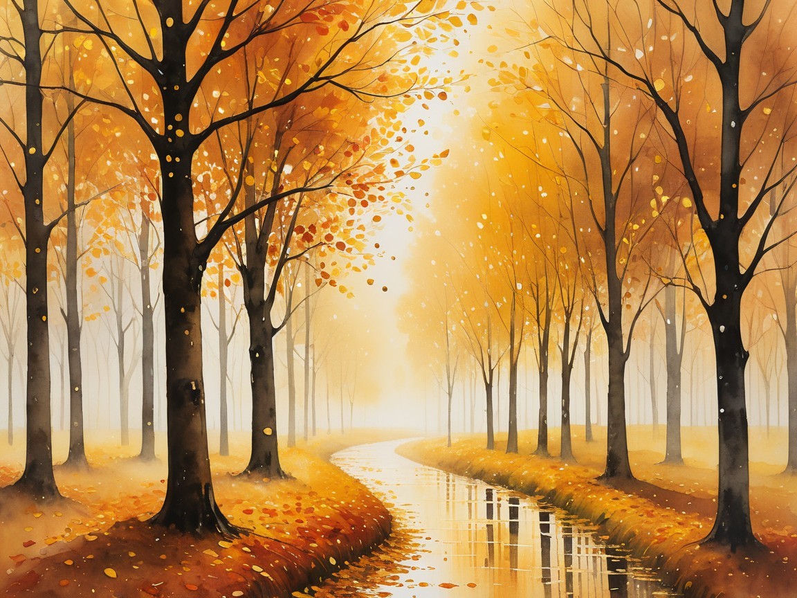 Autumn Landscape with Golden Leaves and Calm River
