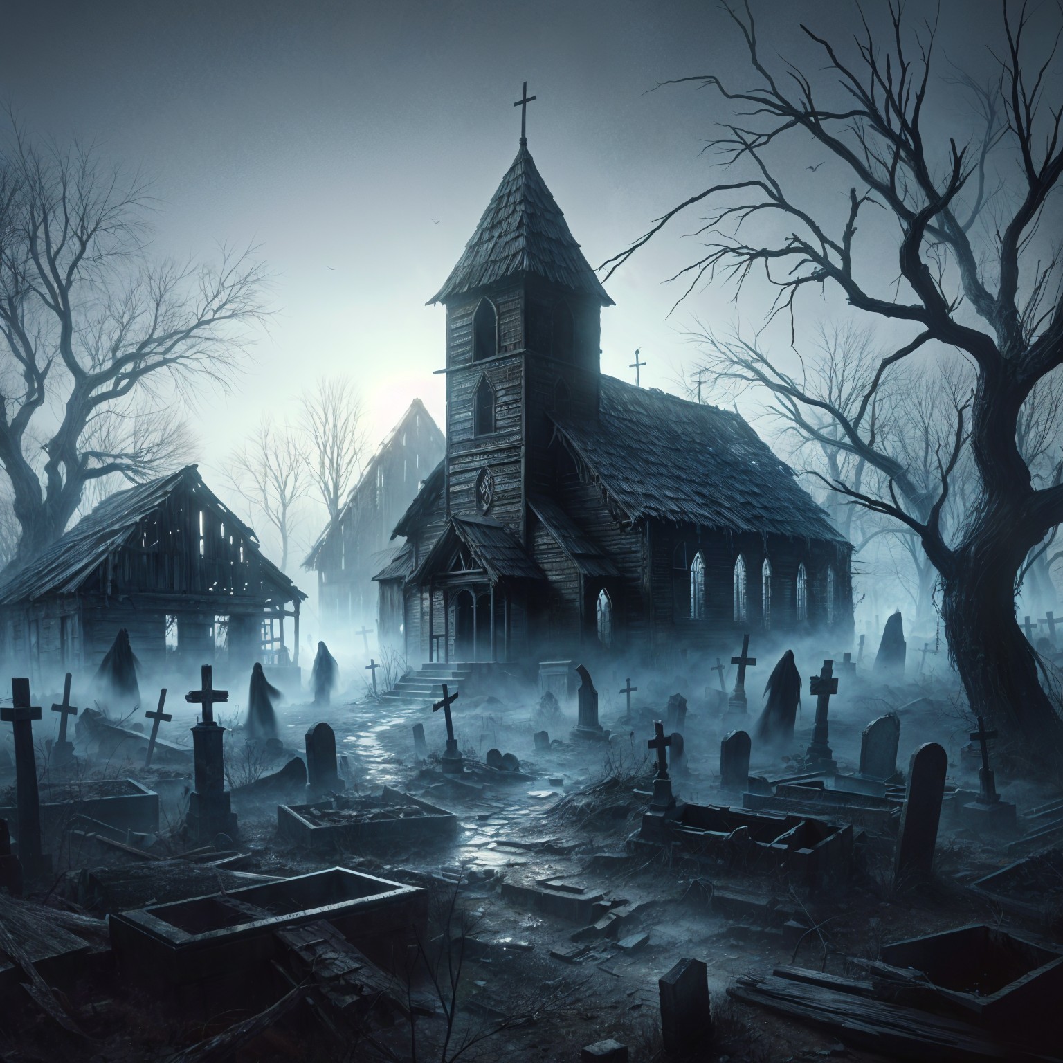 Old Church in Misty Graveyard with Ghostly Figures