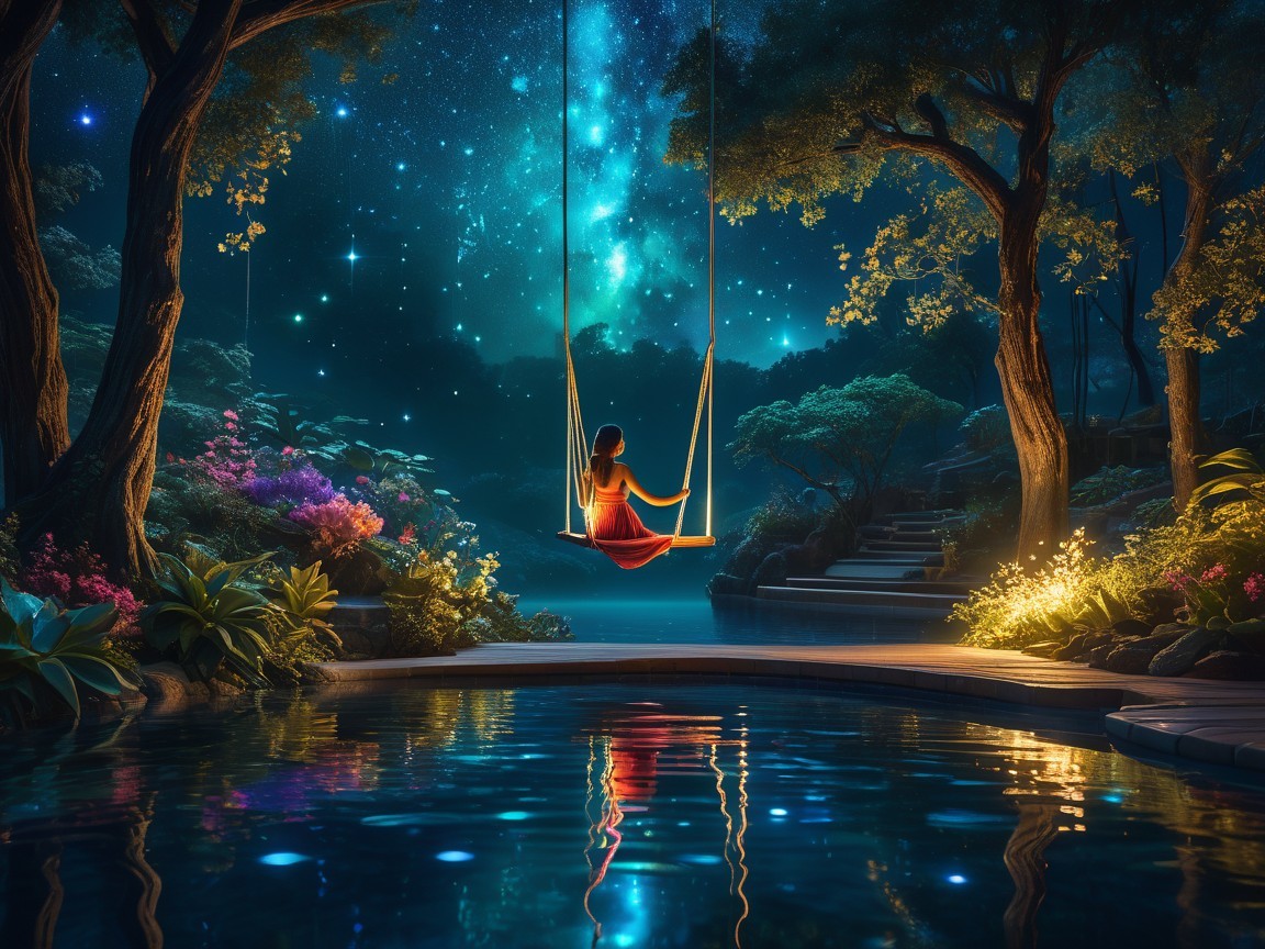 Serene Night Scene with Woman on Swing in Nature
