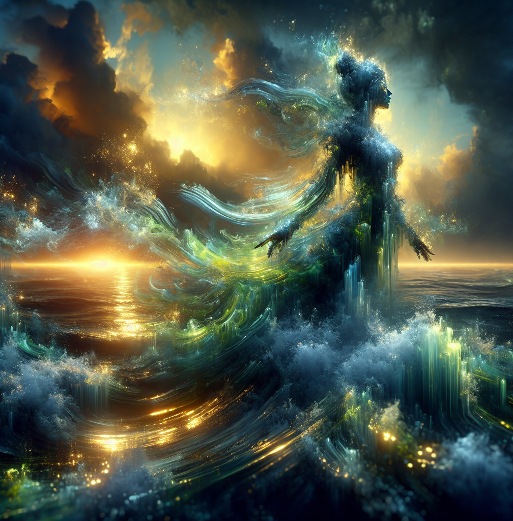 Mystical figure rising from ocean at sunset scene