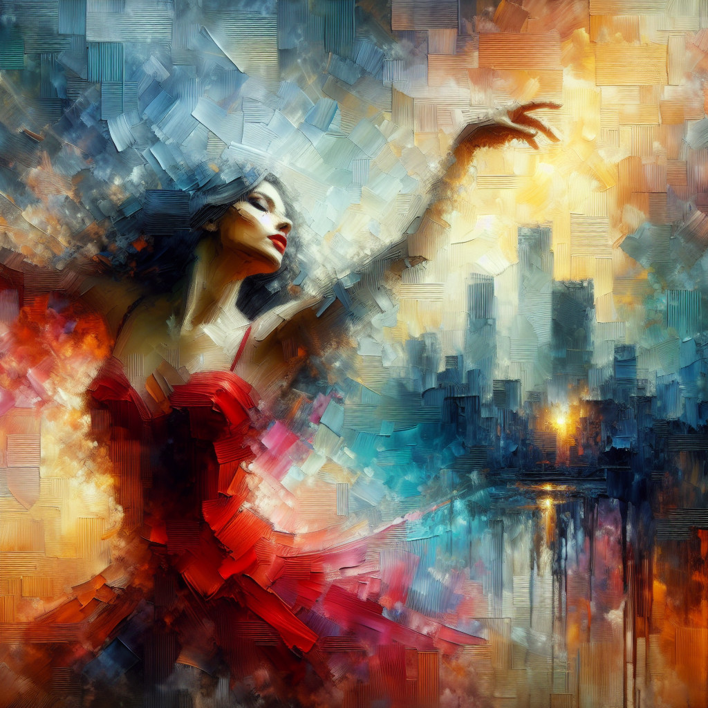 Dynamic Ballet Dancer in Red Dress with Abstract Backdrop