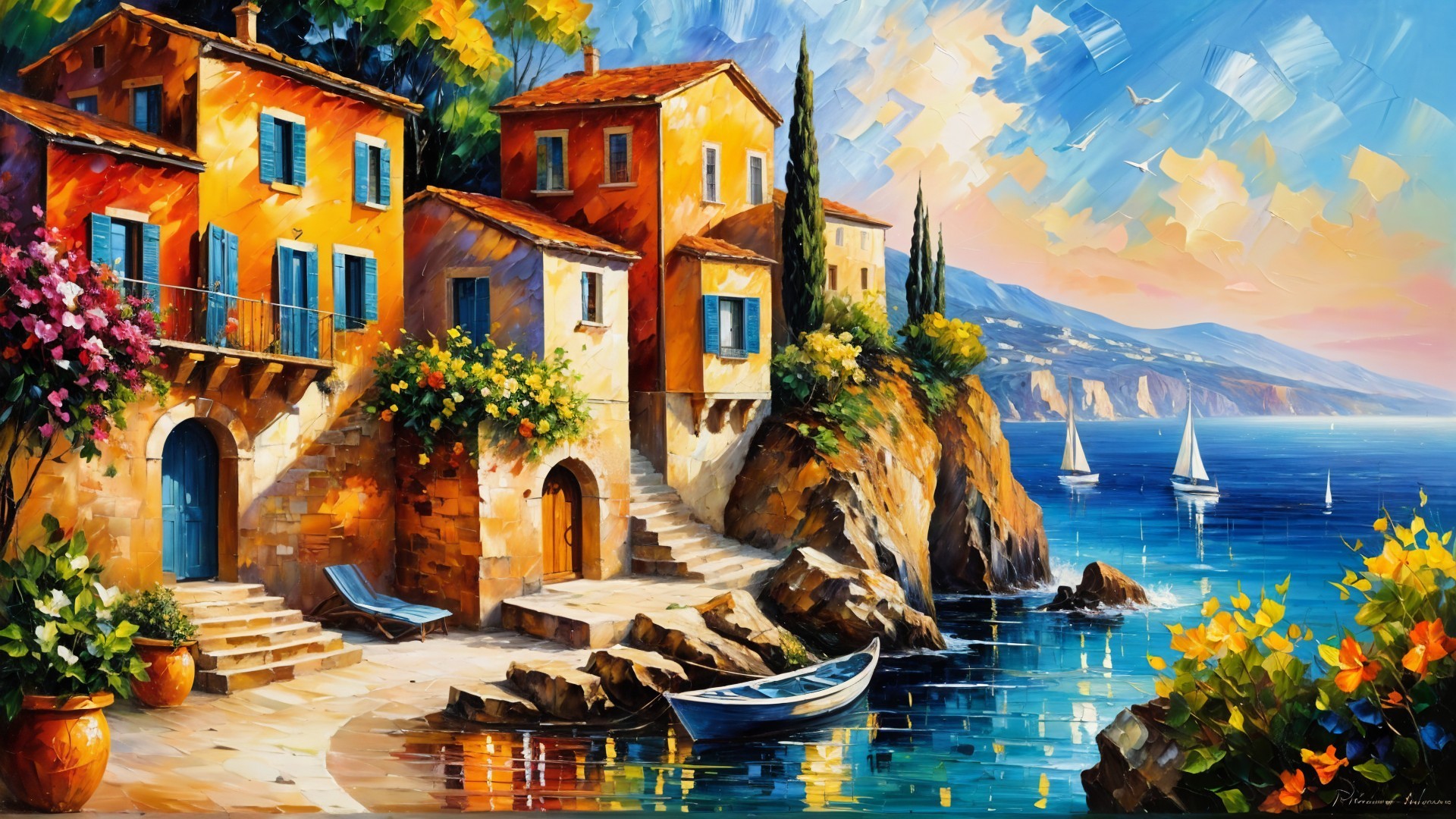 Vibrant Coastal Scene with Mediterranean Houses and Boats