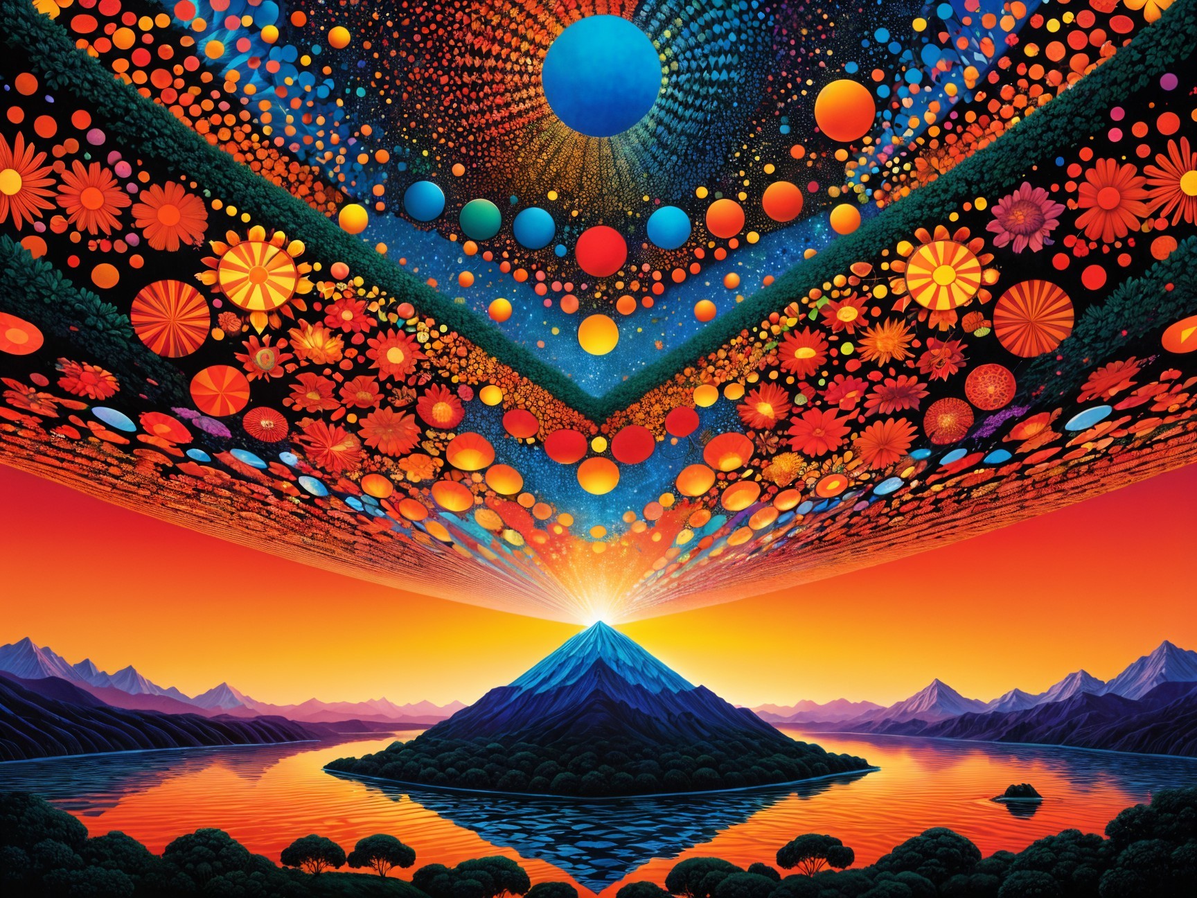 Surreal Landscape with Mountain and Colorful Sky