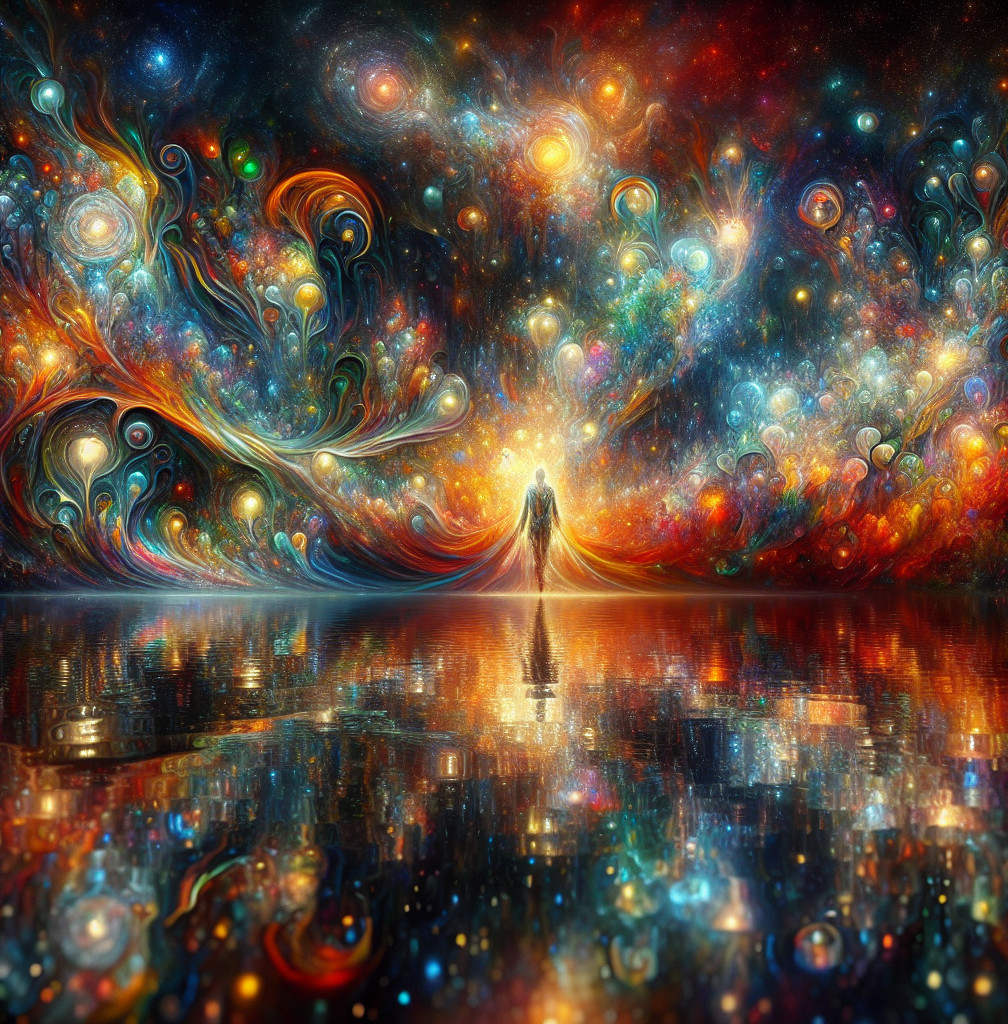 Vibrant Cosmic Scene with Solitary Figure and Light