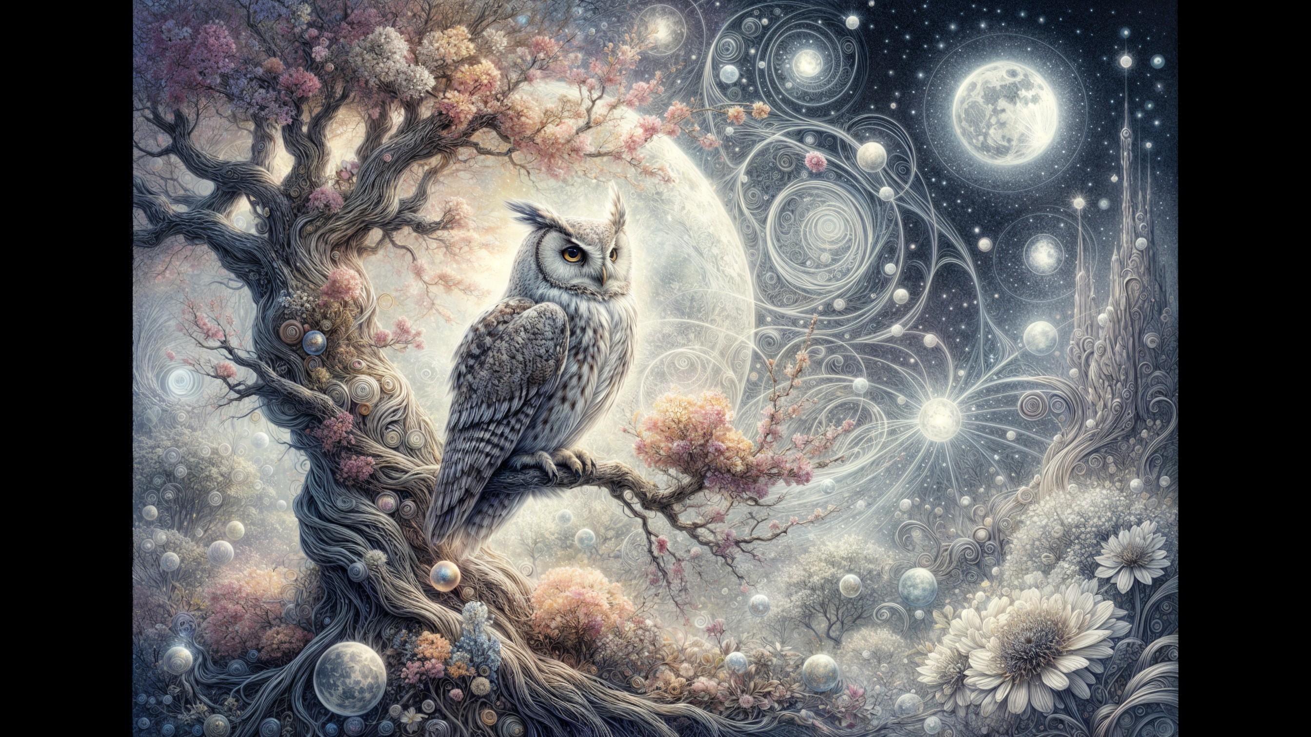 Mystical Tree and Owl Under a Starry Night Sky