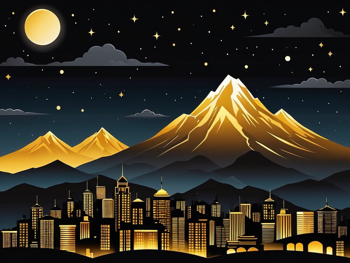 City Skyline at Night with Mountains and Moonlight