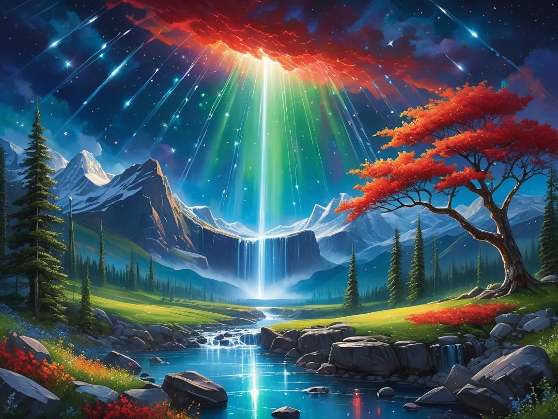 Vibrant Landscape with Waterfall and Dramatic Sky