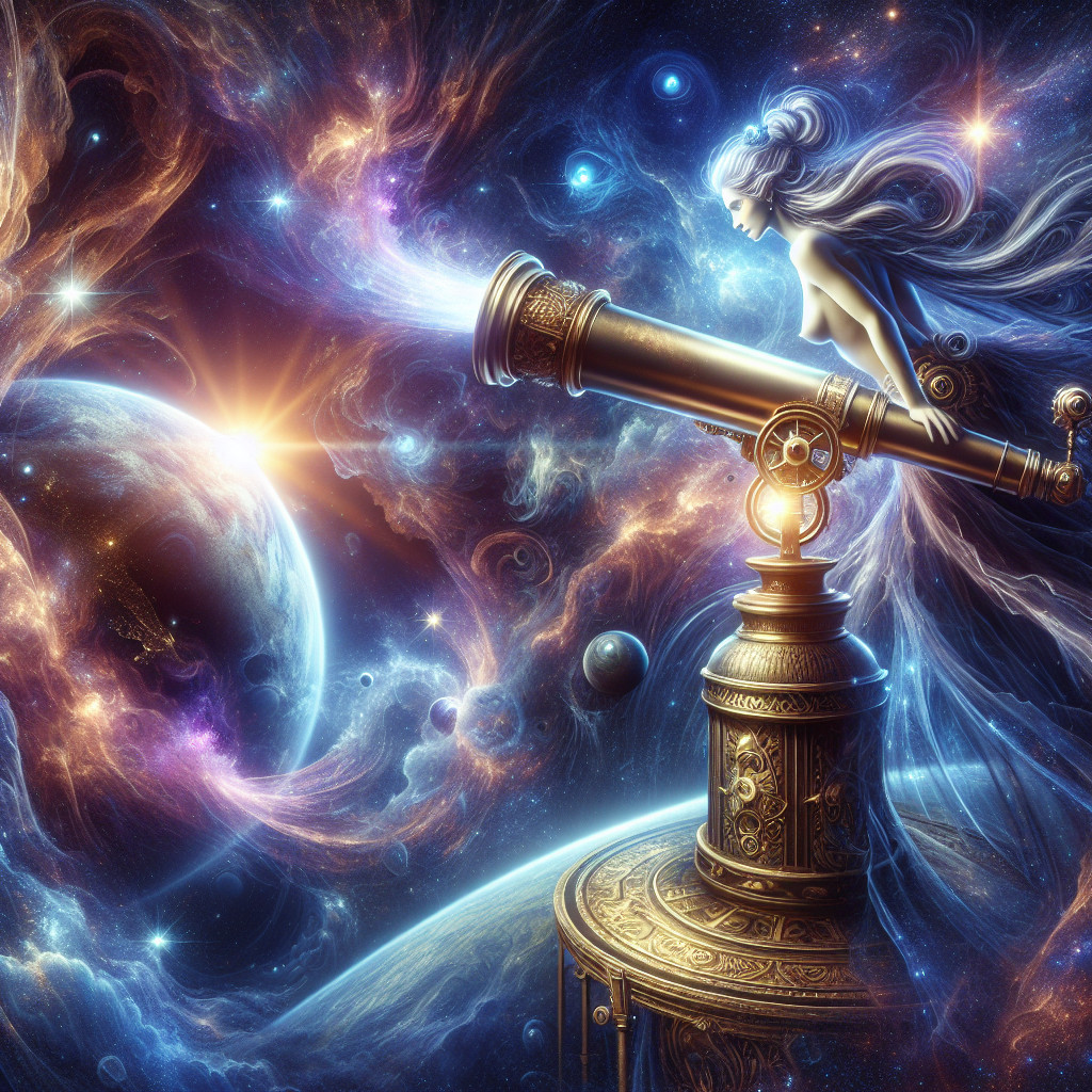 Celestial Figure Observing Galaxies Through Telescope
