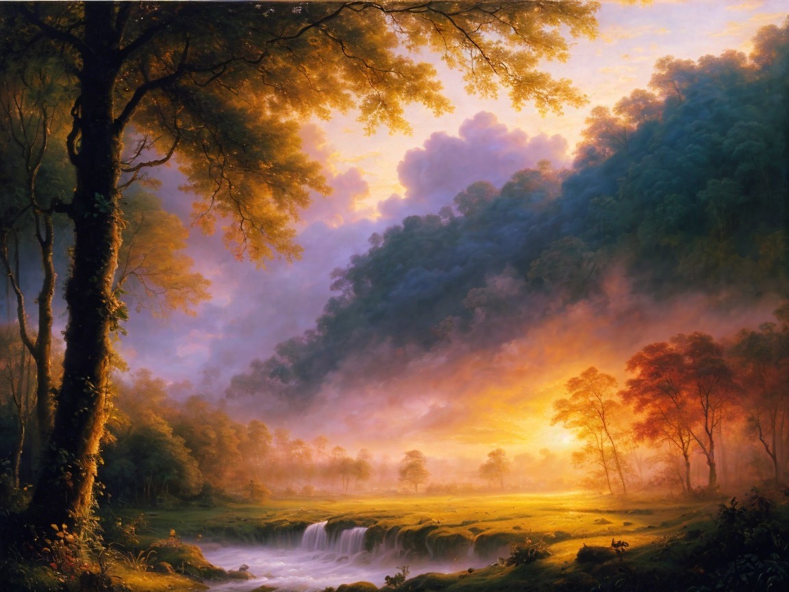 Serene Dusk Landscape with Stream and Rolling Hills