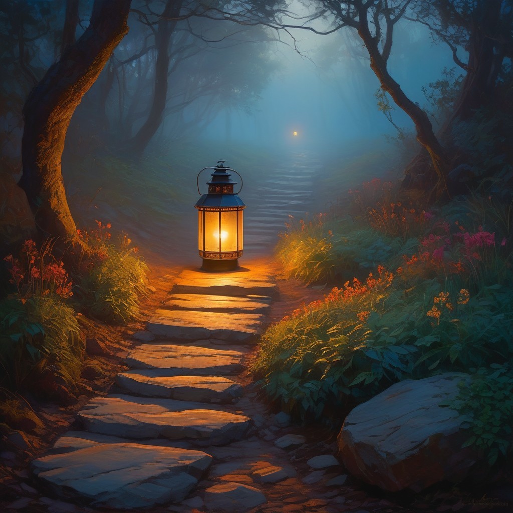 Serene Pathway in a Misty Forest with Lantern Light