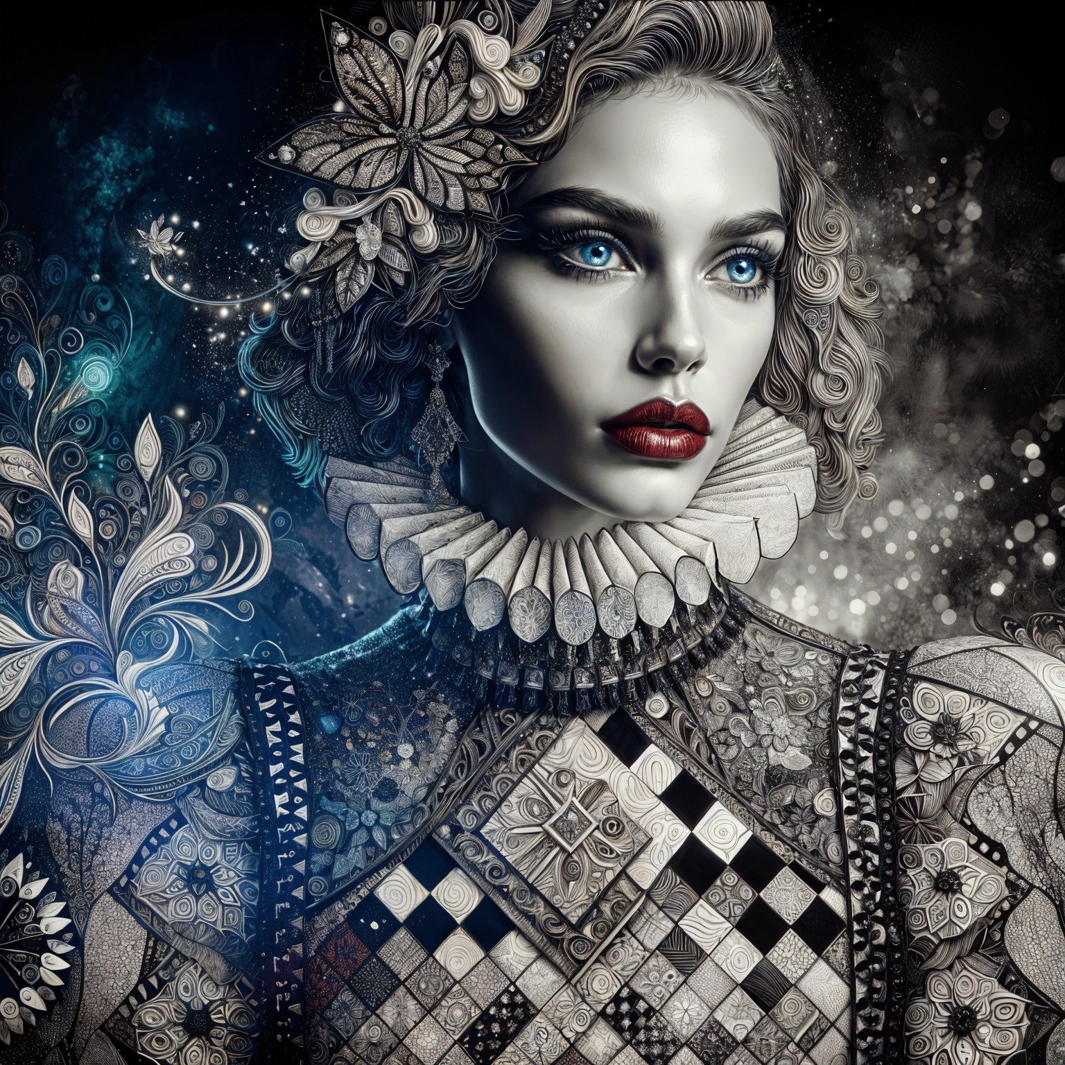 Female figure in intricate patterned attire against dark background