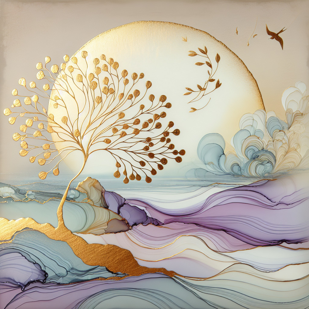 Ethereal landscape with golden tree and serene backdrop