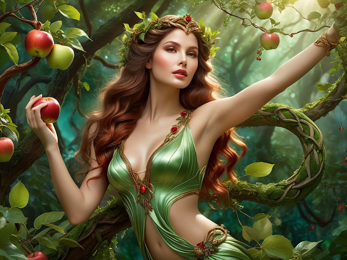 Woman in Green Gown Surrounded by Lush Forest Elements