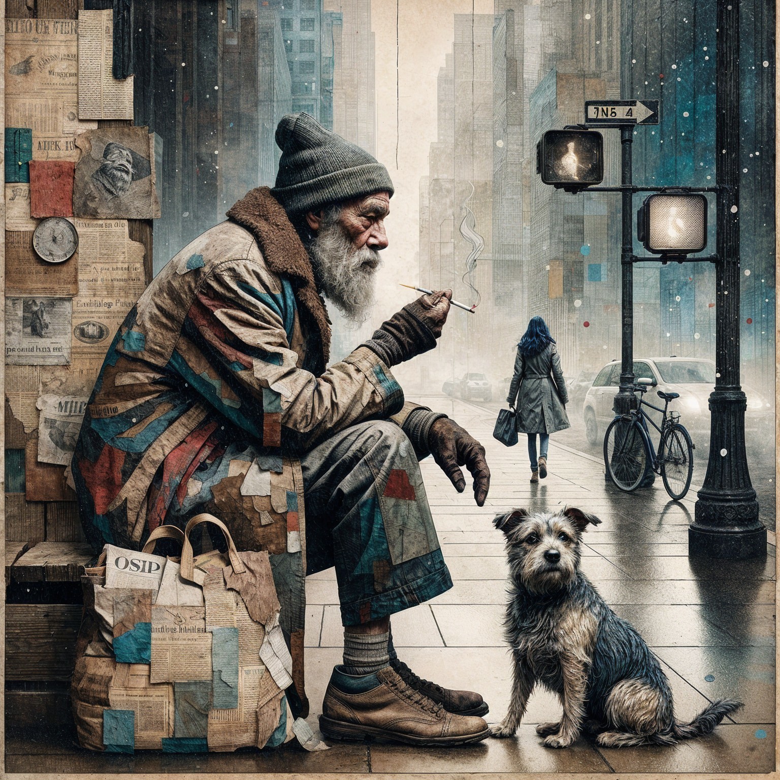 Weathered Man with Dog on City Sidewalk Scene