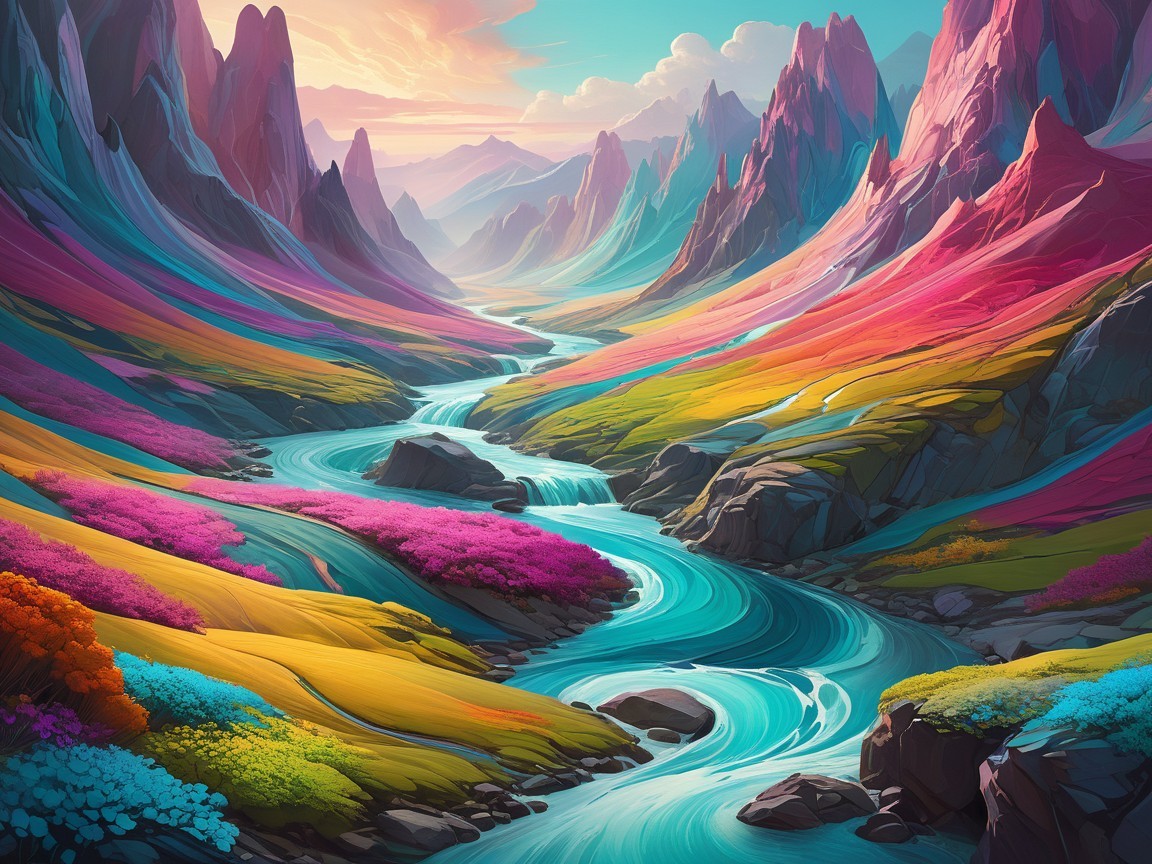 Surreal Landscape with Colorful Mountains and River