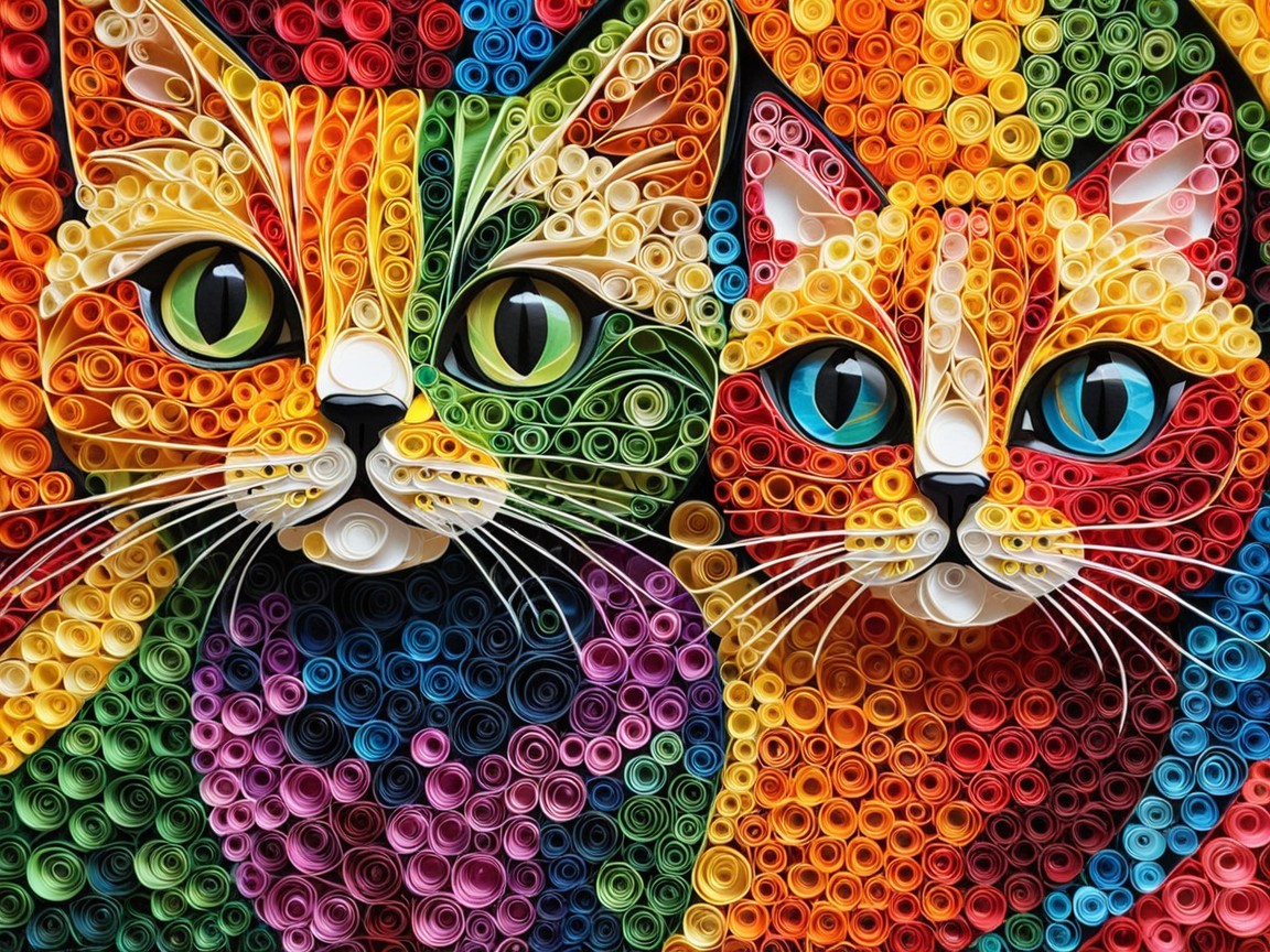 Vibrant Quilling Art of Two Stylized Cats