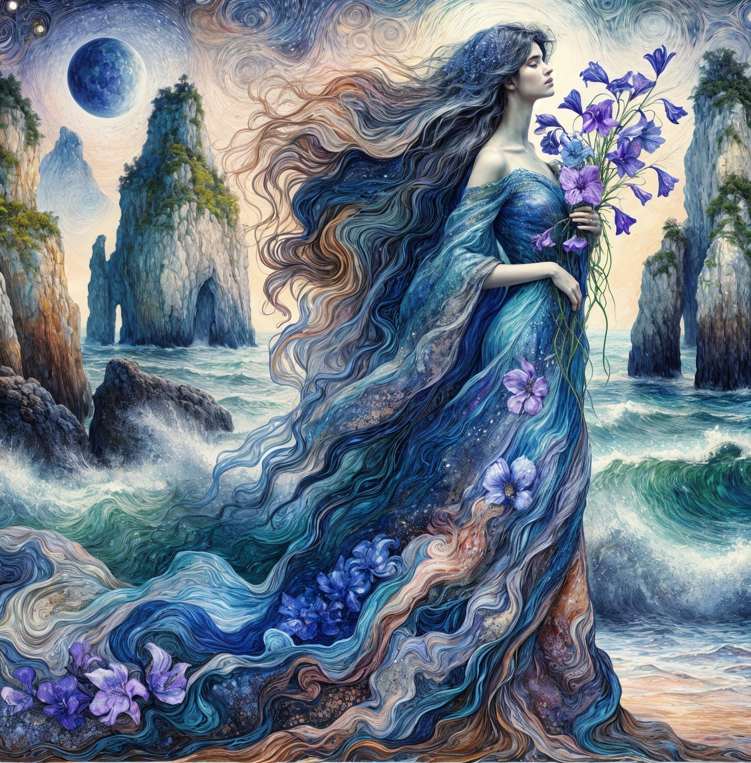 Mystical figure in vibrant dress by moonlit shore