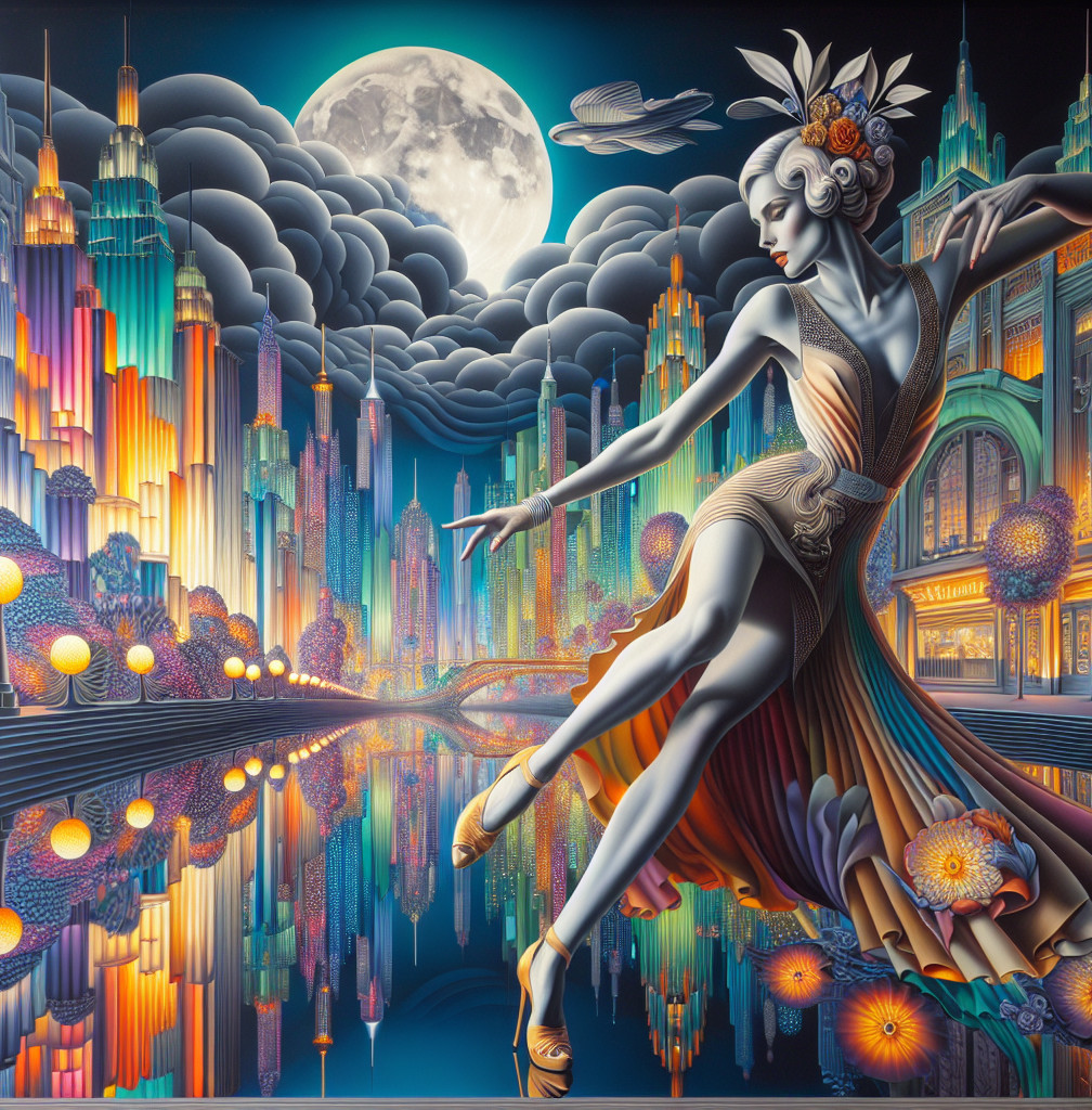 Dancer in Elegant Dress Against Vibrant Cityscape