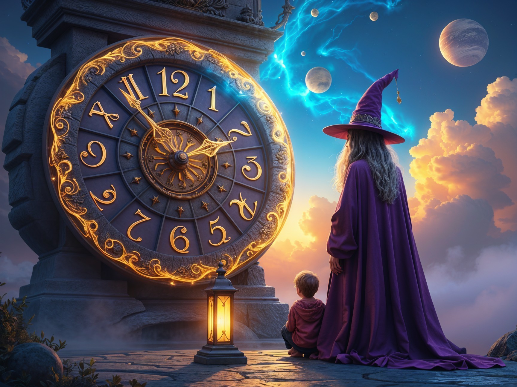 Mystical Scene with Boy and Wizard by Ornate Clock
