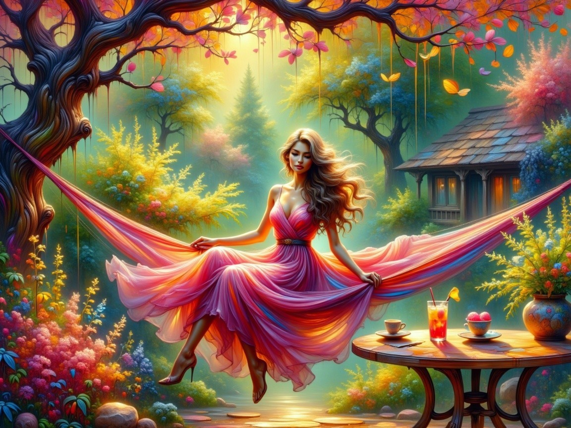Tranquil Garden Scene with Woman in Pink Dress