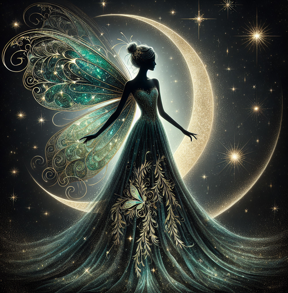 Fairy with Iridescent Wings Under Night Sky