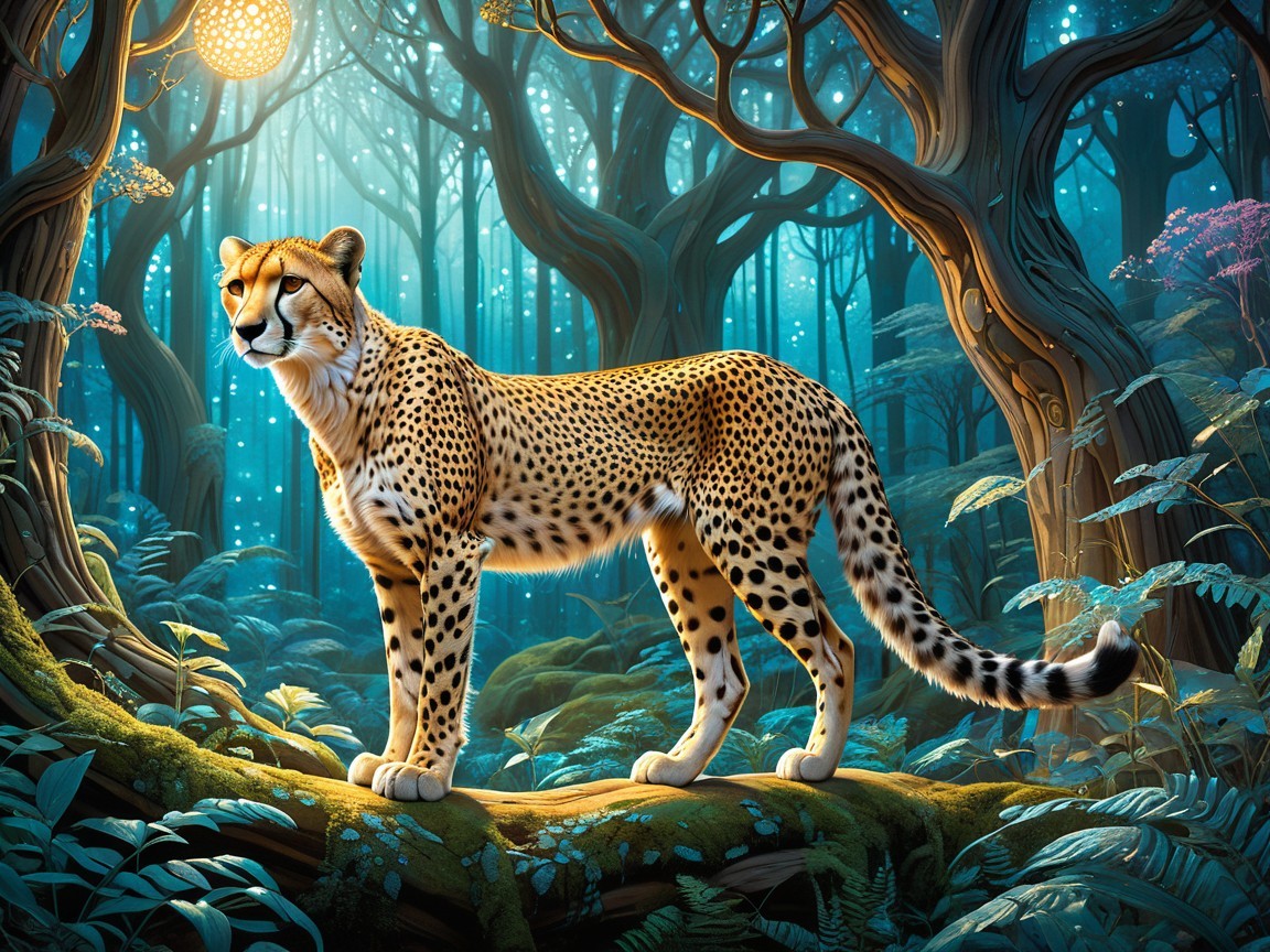 Spotted Cheetah in a Bioluminescent Forest at Night