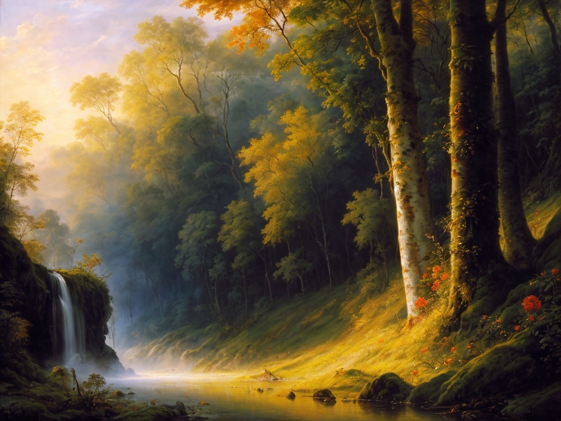 Serene Landscape with Waterfall and Autumn Foliage