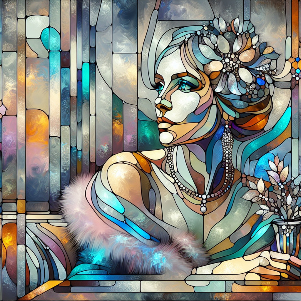 Stained Glass Artwork of a Serene Woman with Flowers
