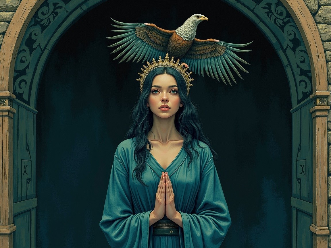 Woman in Teal Robe with Eagle and Stone Archway