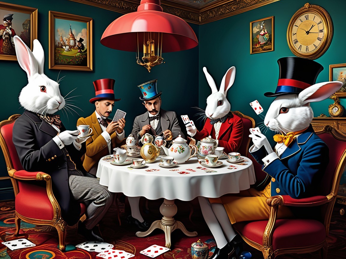 Whimsical Tea Party with Elegant Anthropomorphic Rabbits