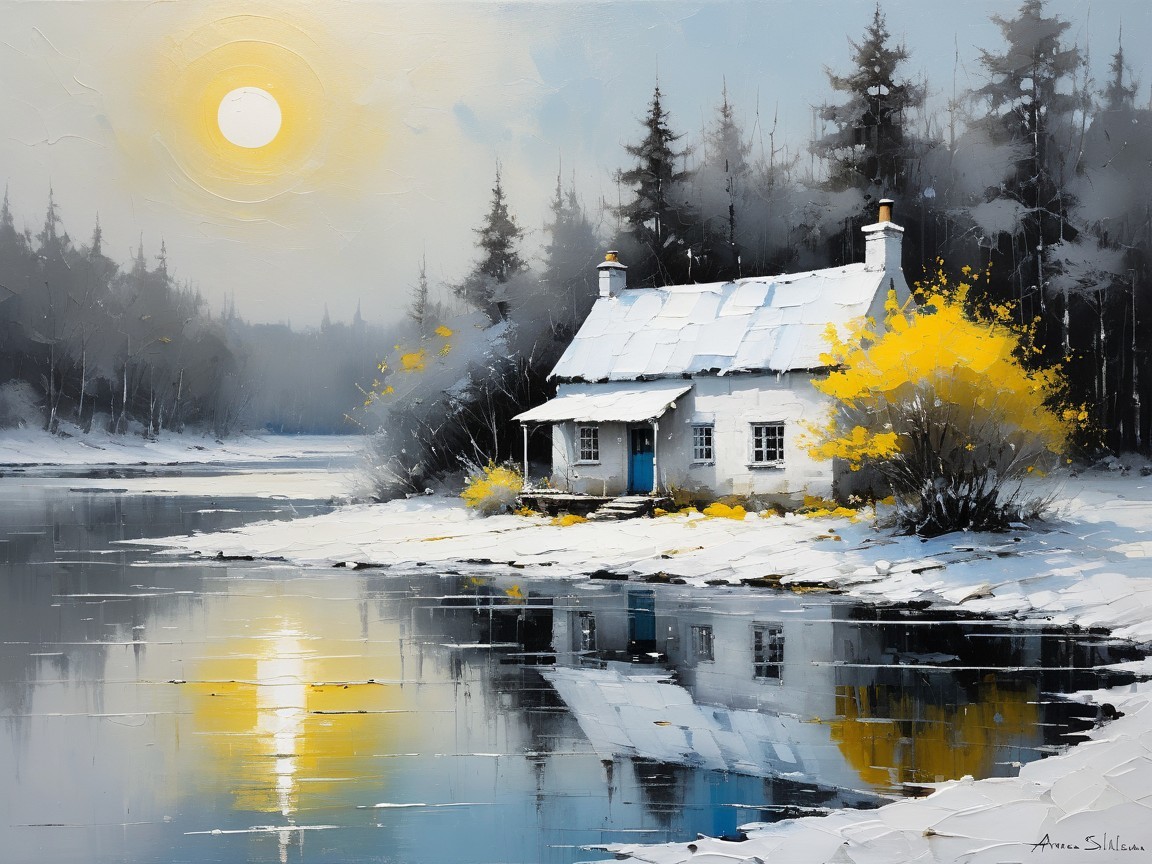 Winter Cottage by Reflective River and Snowy Trees