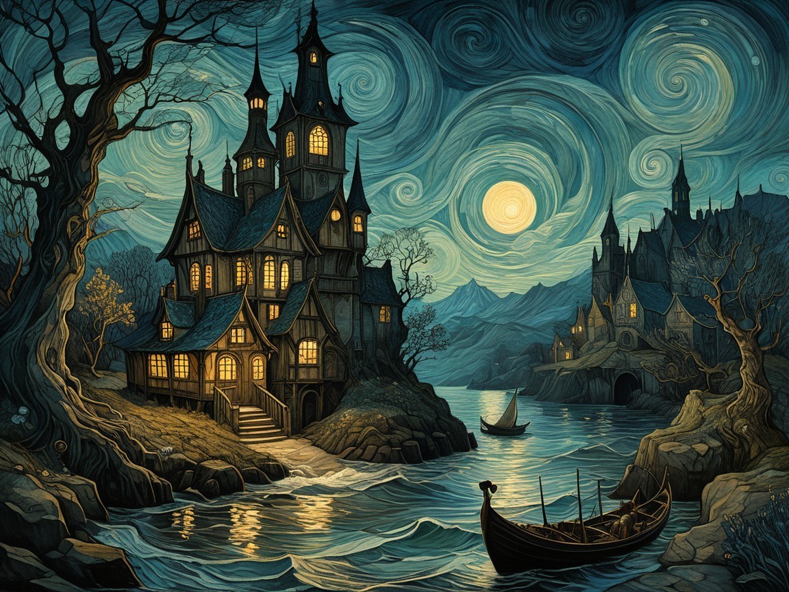Mystical Landscape with Dark Houses and Serene Waterway