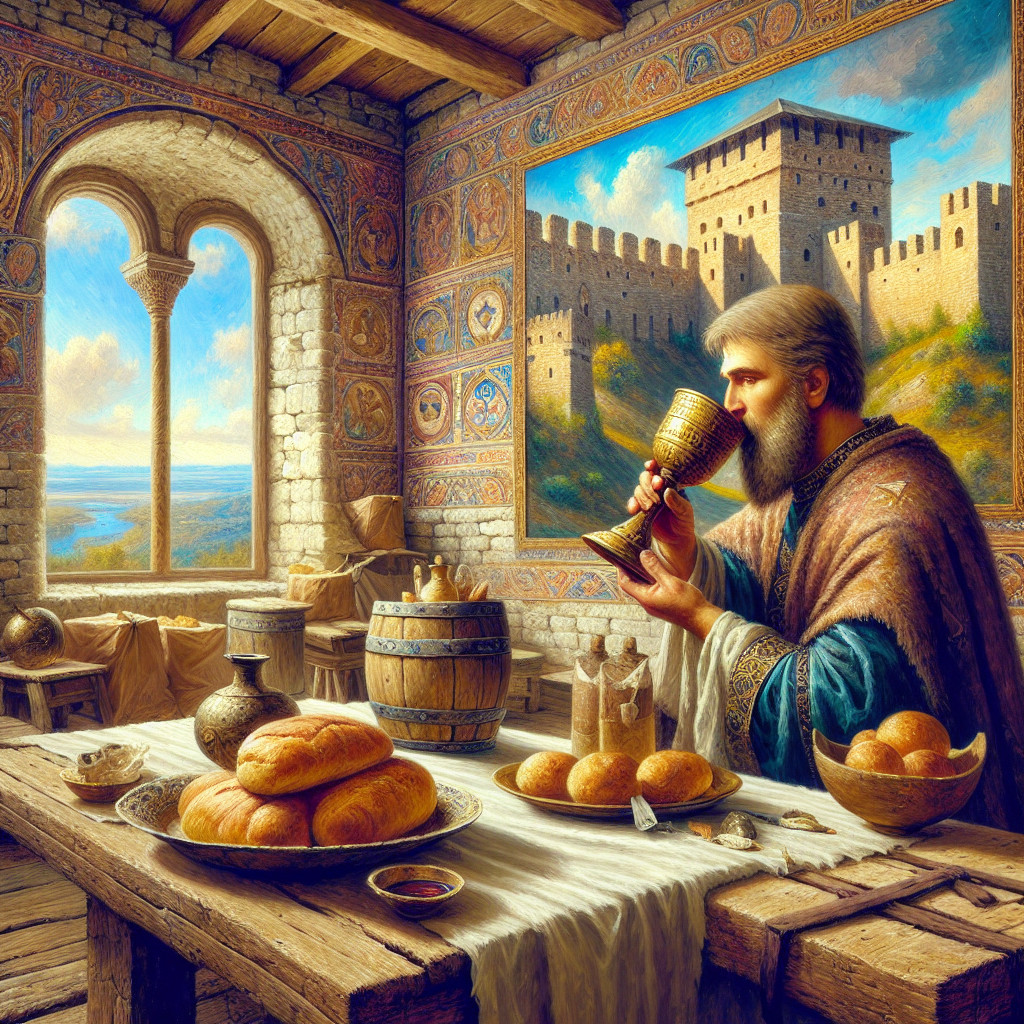 Medieval Man with Chalice in Rustic Feast Setting