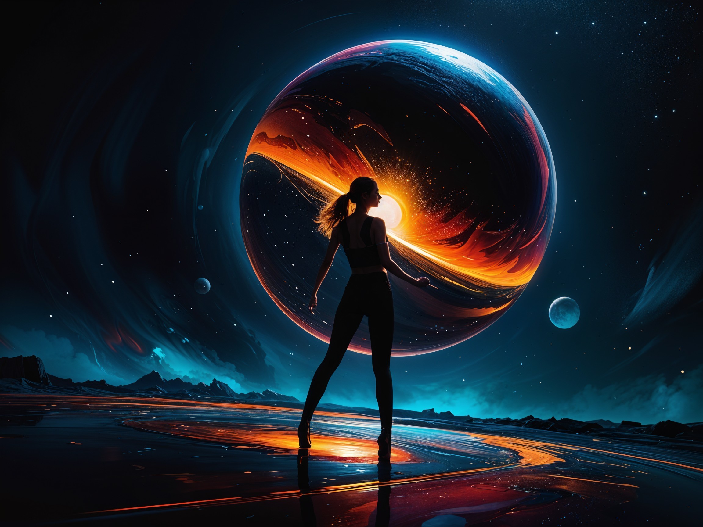 Silhouette on Futuristic Landscape with Glowing Planet