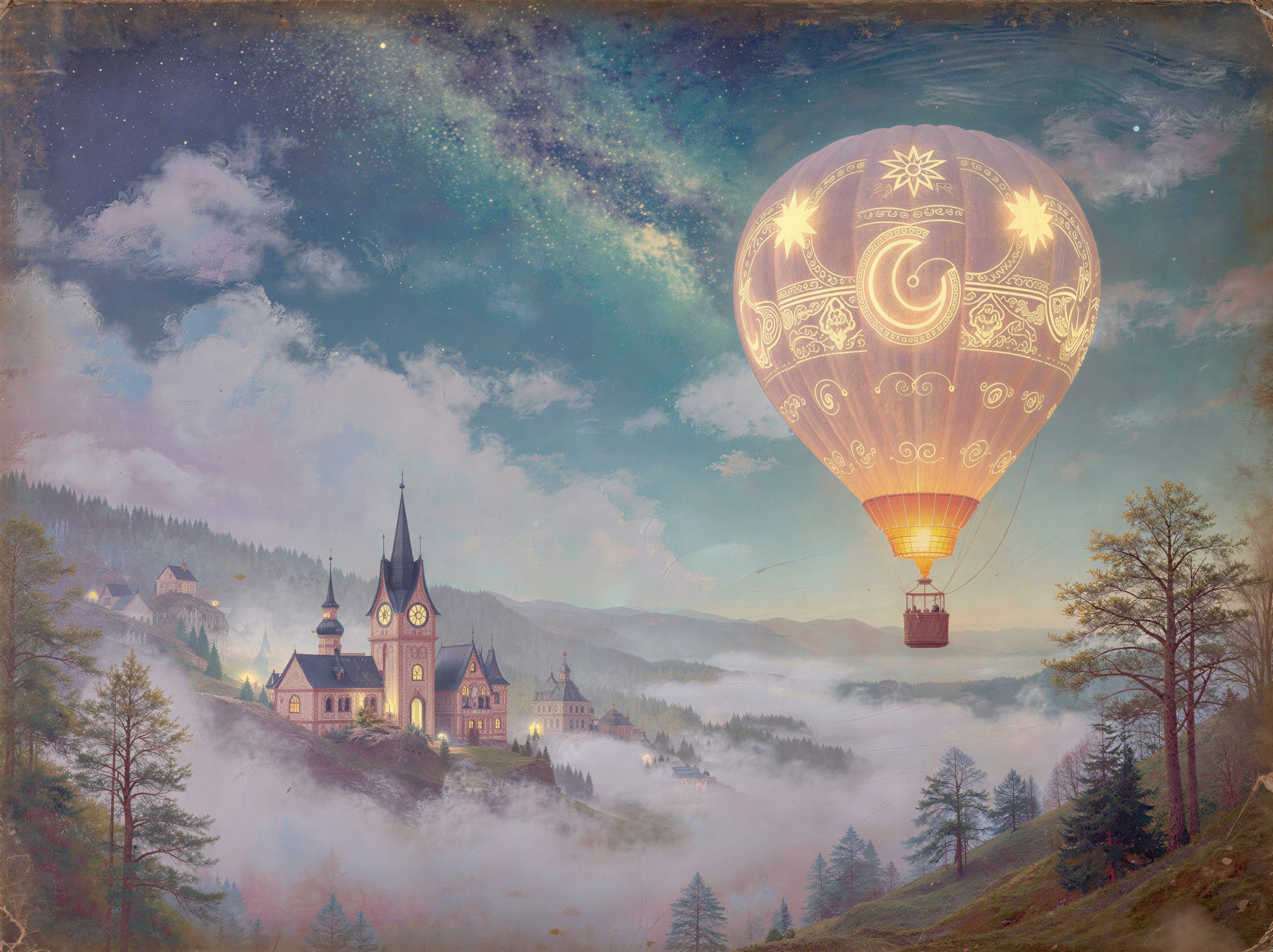 Magical Hot Air Balloon Over Misty Valley Painting
