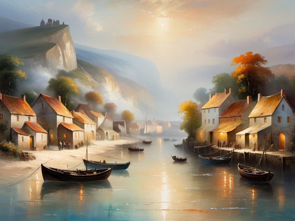 Tranquil Lakeside Village at Sunrise with Cottages