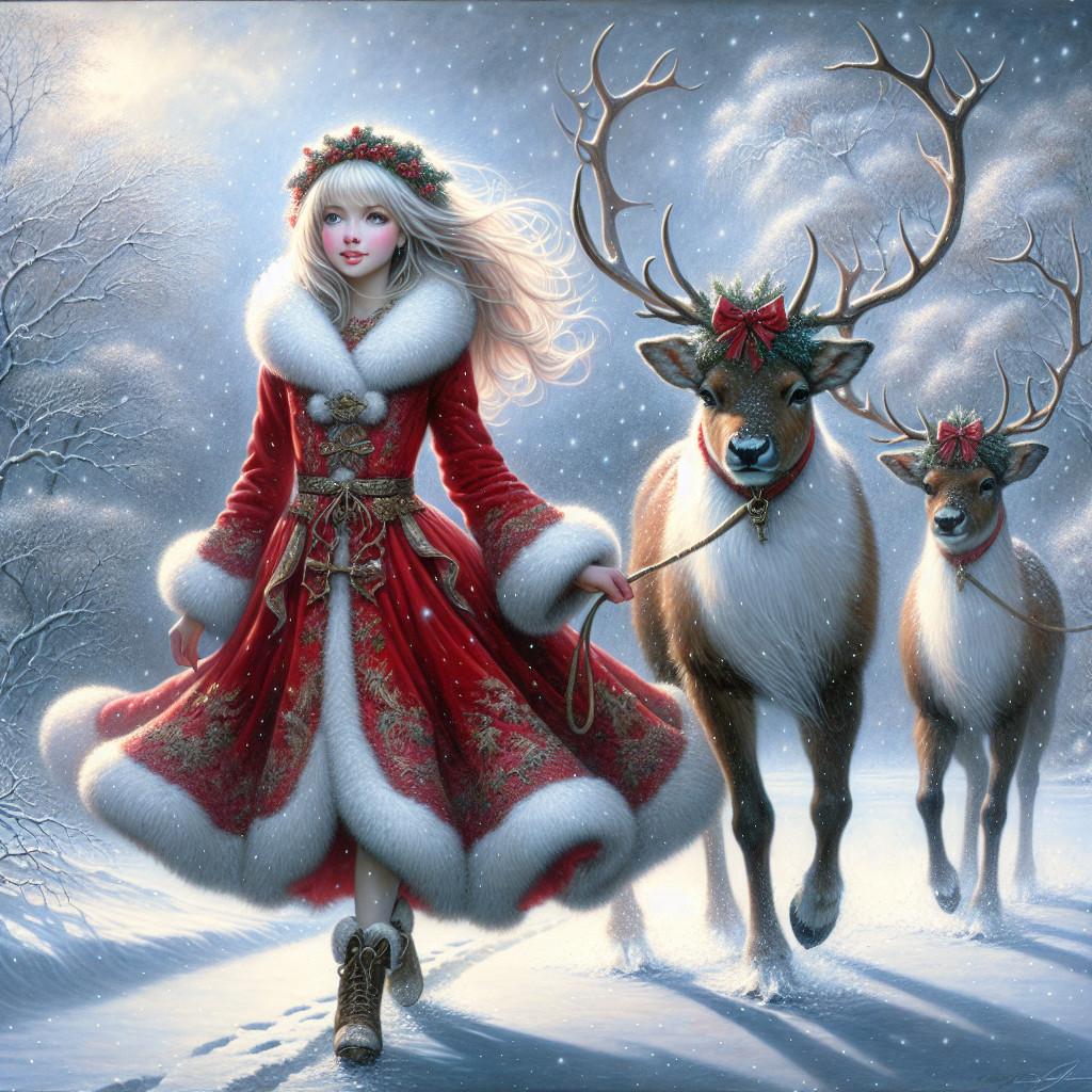 Fairytale Christmas Scene with Girl and Reindeer
