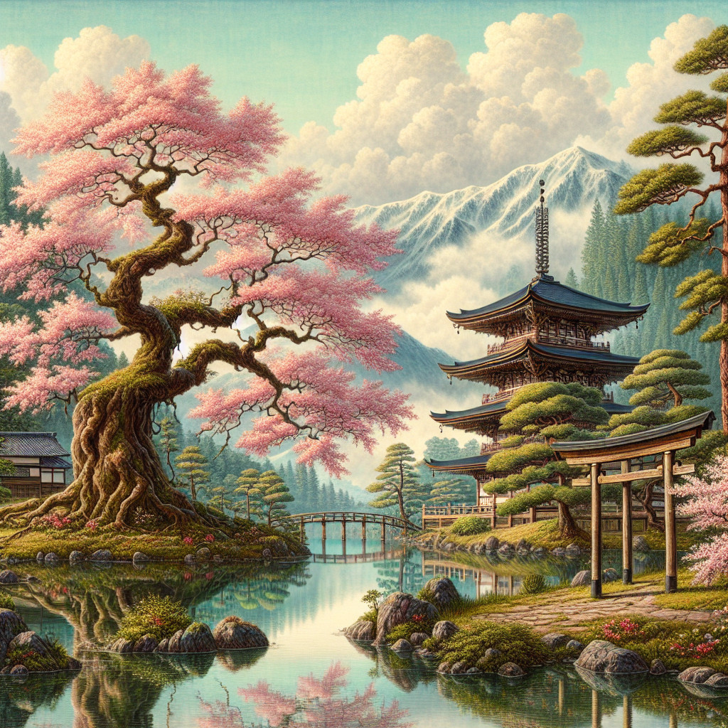 Cherry Blossom Tree by Tranquil Lake and Pagoda