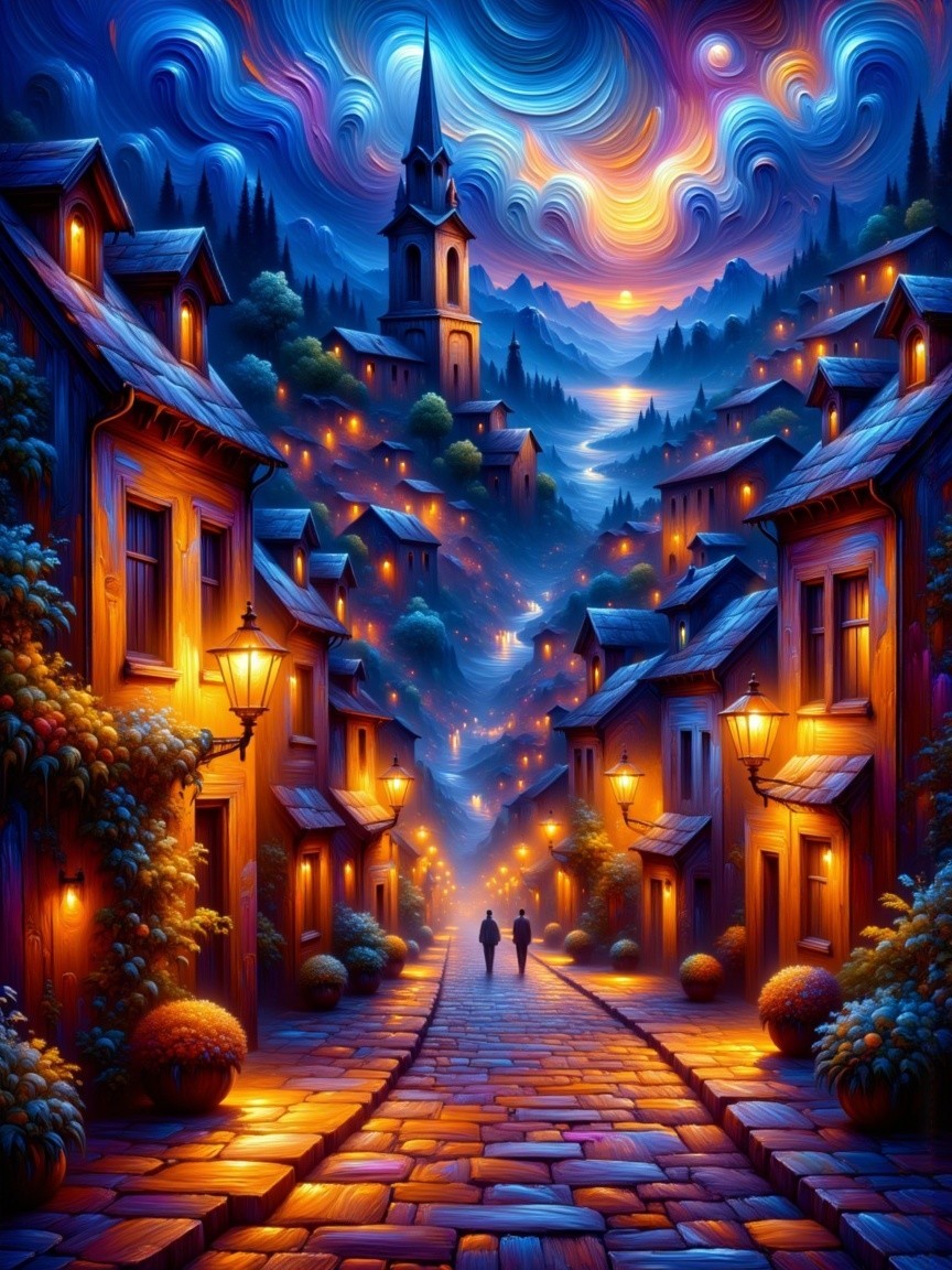 Evening Scene in a Vibrant Winding Village