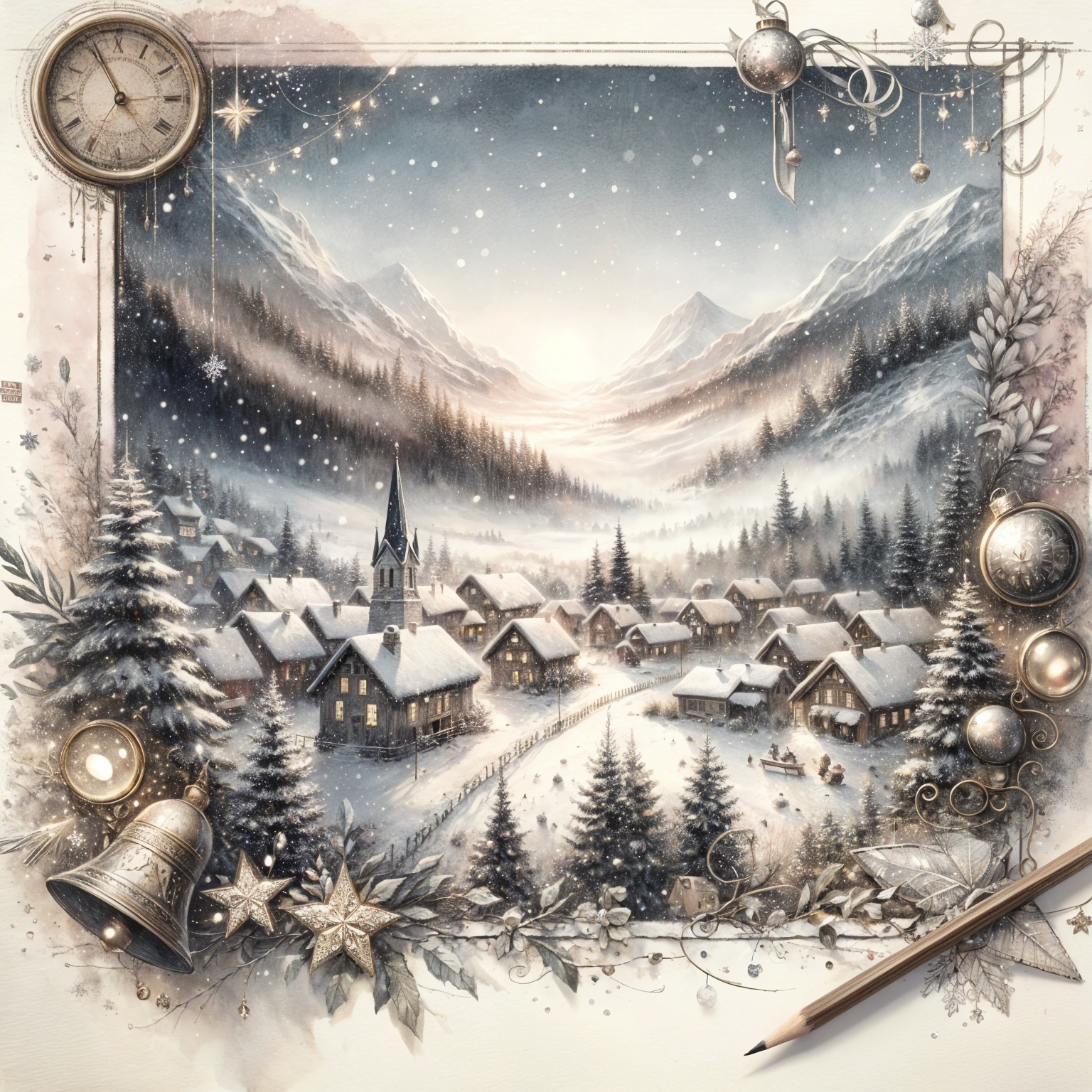 Serene Winter Village in Snow-Covered Valley