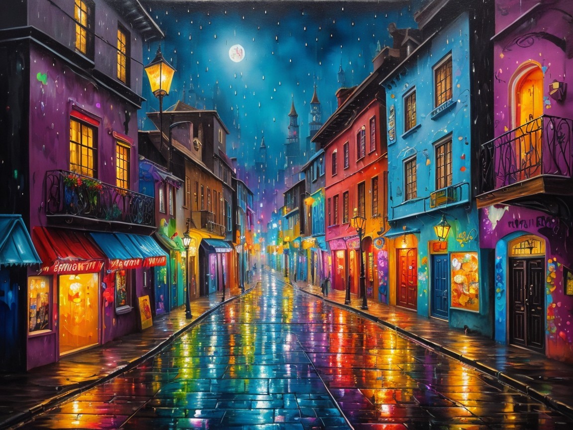Colorful Street Scene on a Rainy Night with Shops