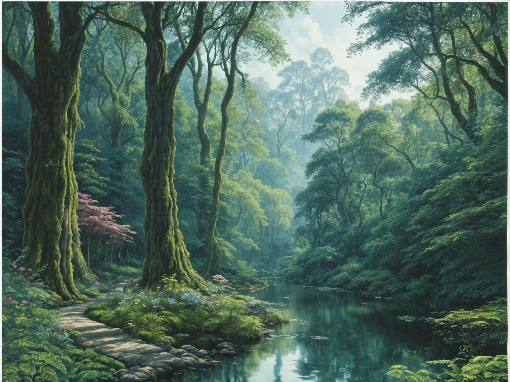 Lush Forest with Towering Trees and Serene River