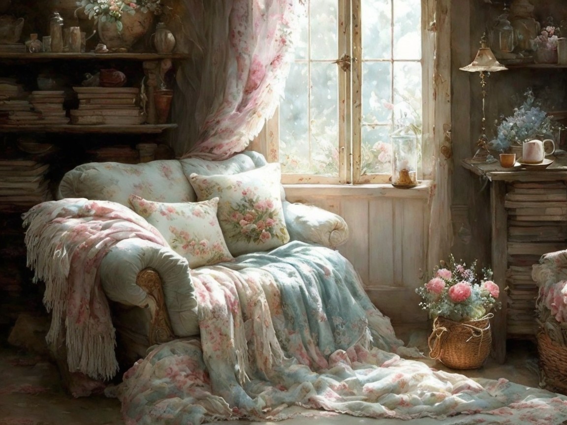 Cozy nook with plush armchair and vintage decor
