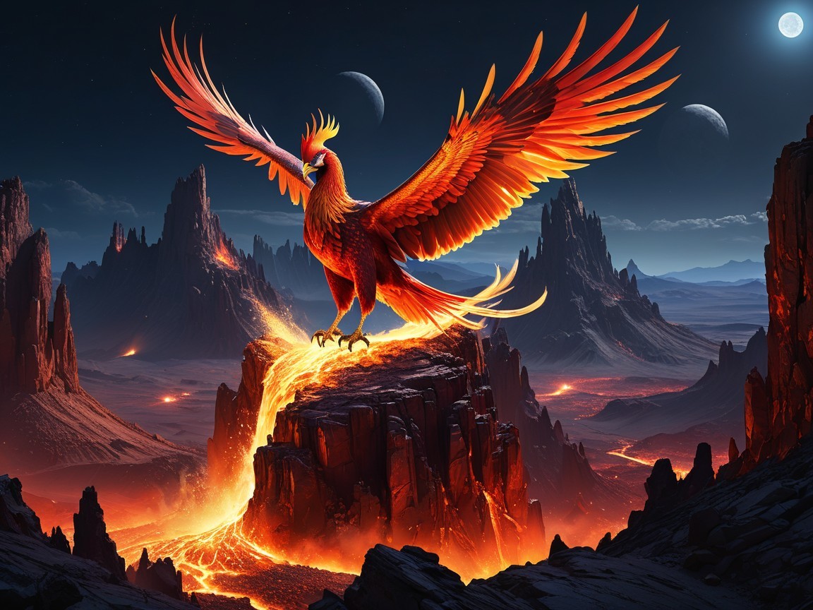 Phoenix Over Volcanic Landscape with Starry Sky