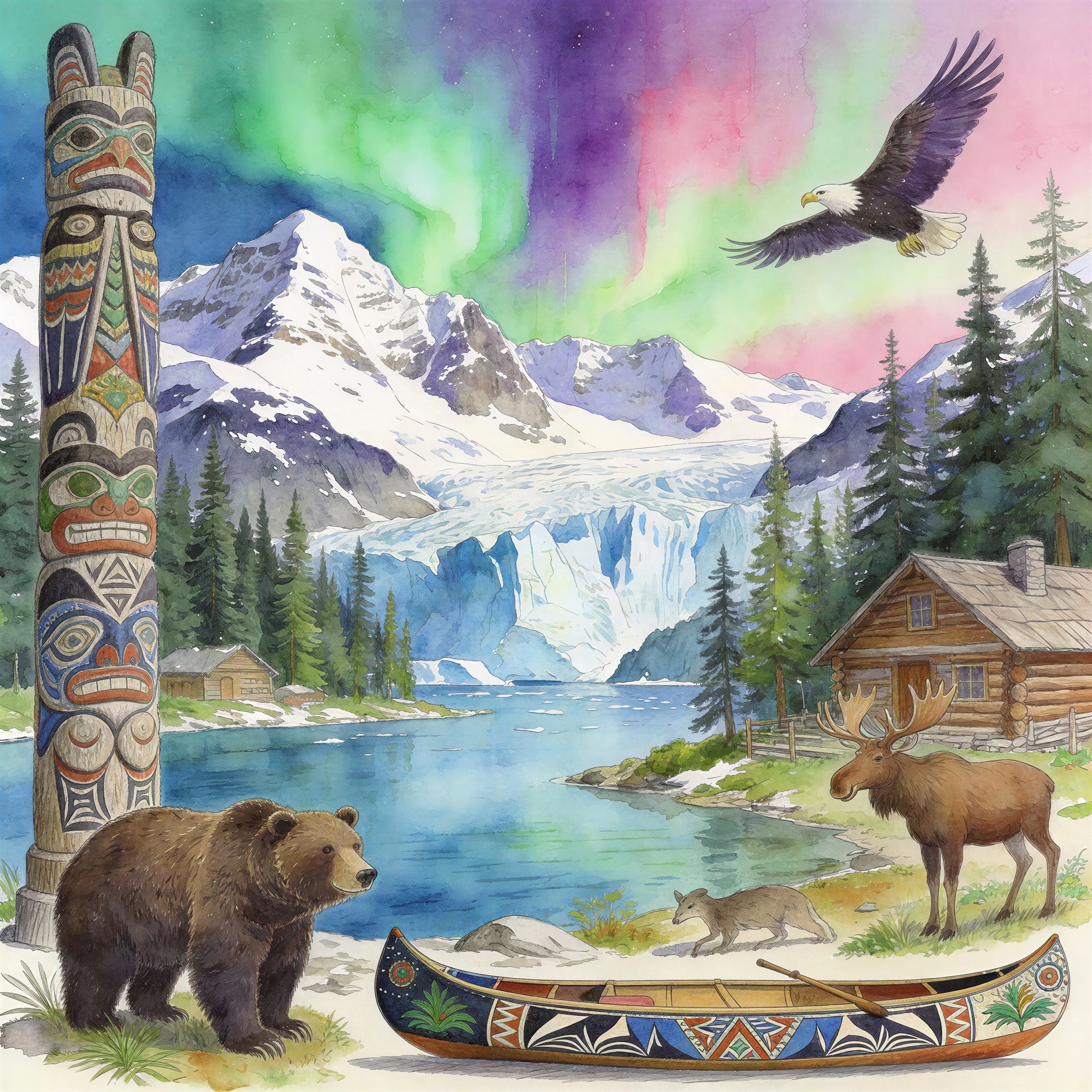 Majestic Alaskan Landscape with Northern Lights and Totem Pole