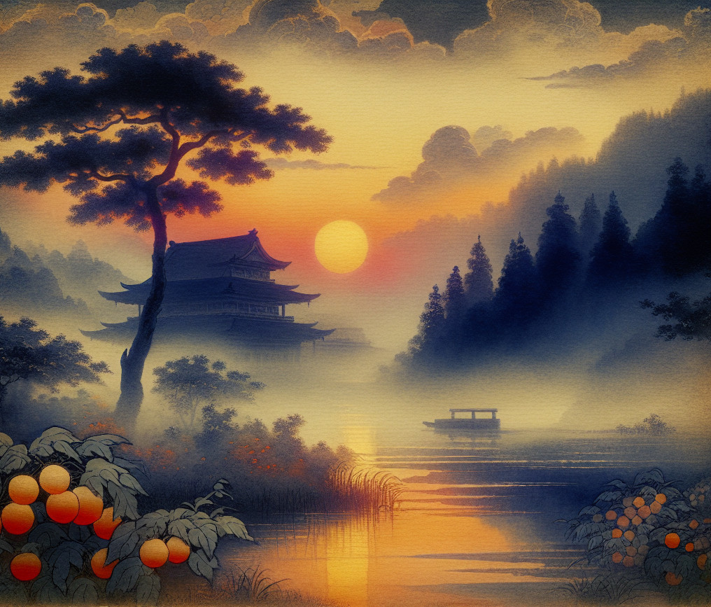 Twilight Landscape with Lake and Pagoda Reflection