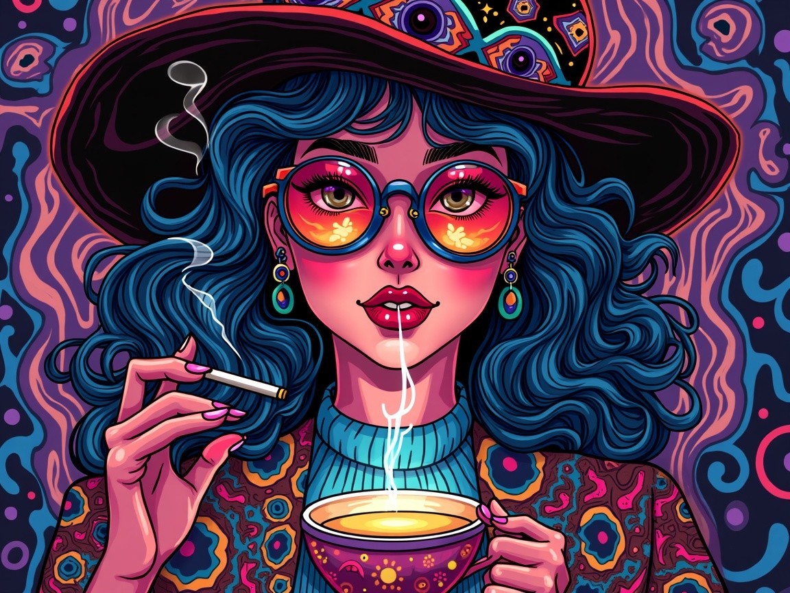 Stylized Illustration of a Woman with Blue Curls